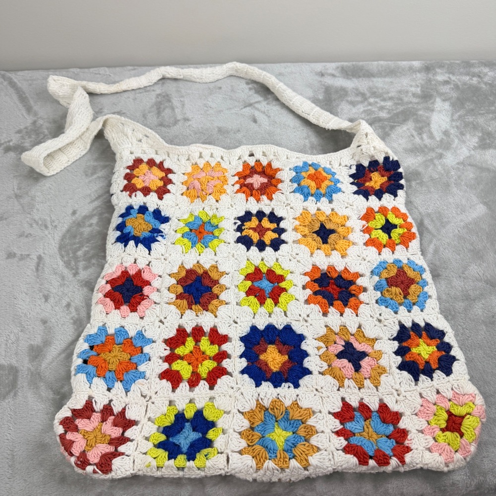 Boho Crochet Granny Square Hobo Bag Multicolor Cotton Knit Shoulder Tote White